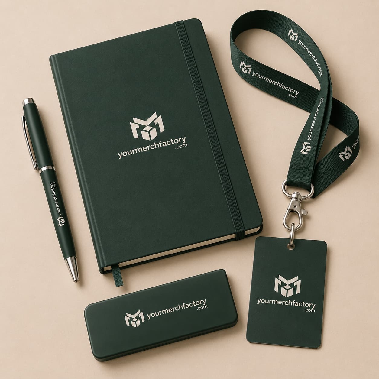 Custom branded notebooks, pens, and lanyards in a styled flat-lay