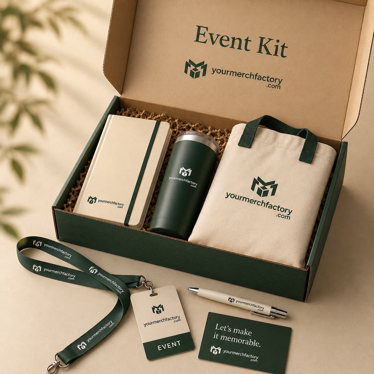 A branded event kit with a tee, tote, lanyard, and water bottle