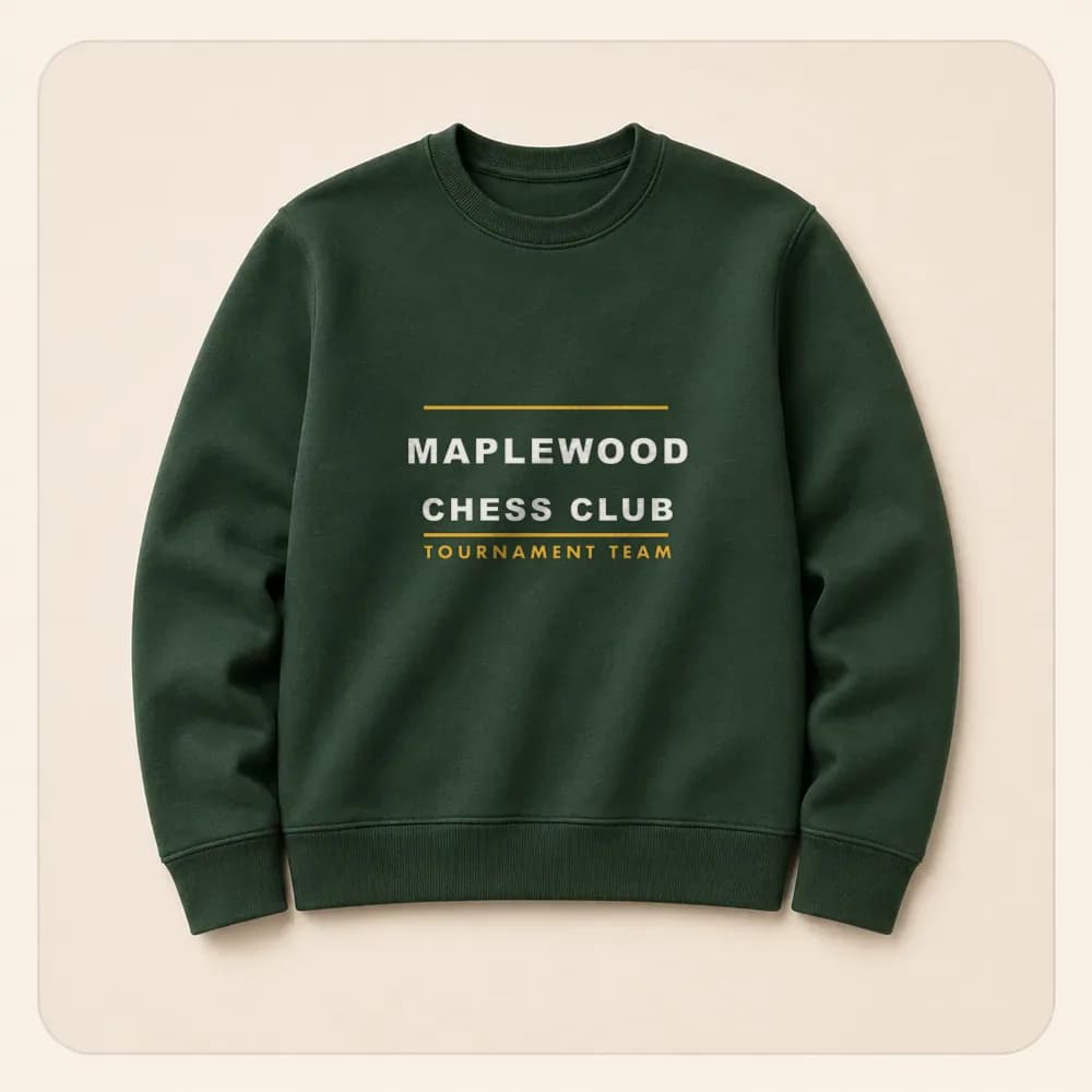 Sample design: Maplewood Chess Club team shirt on a crewneck sweatshirt