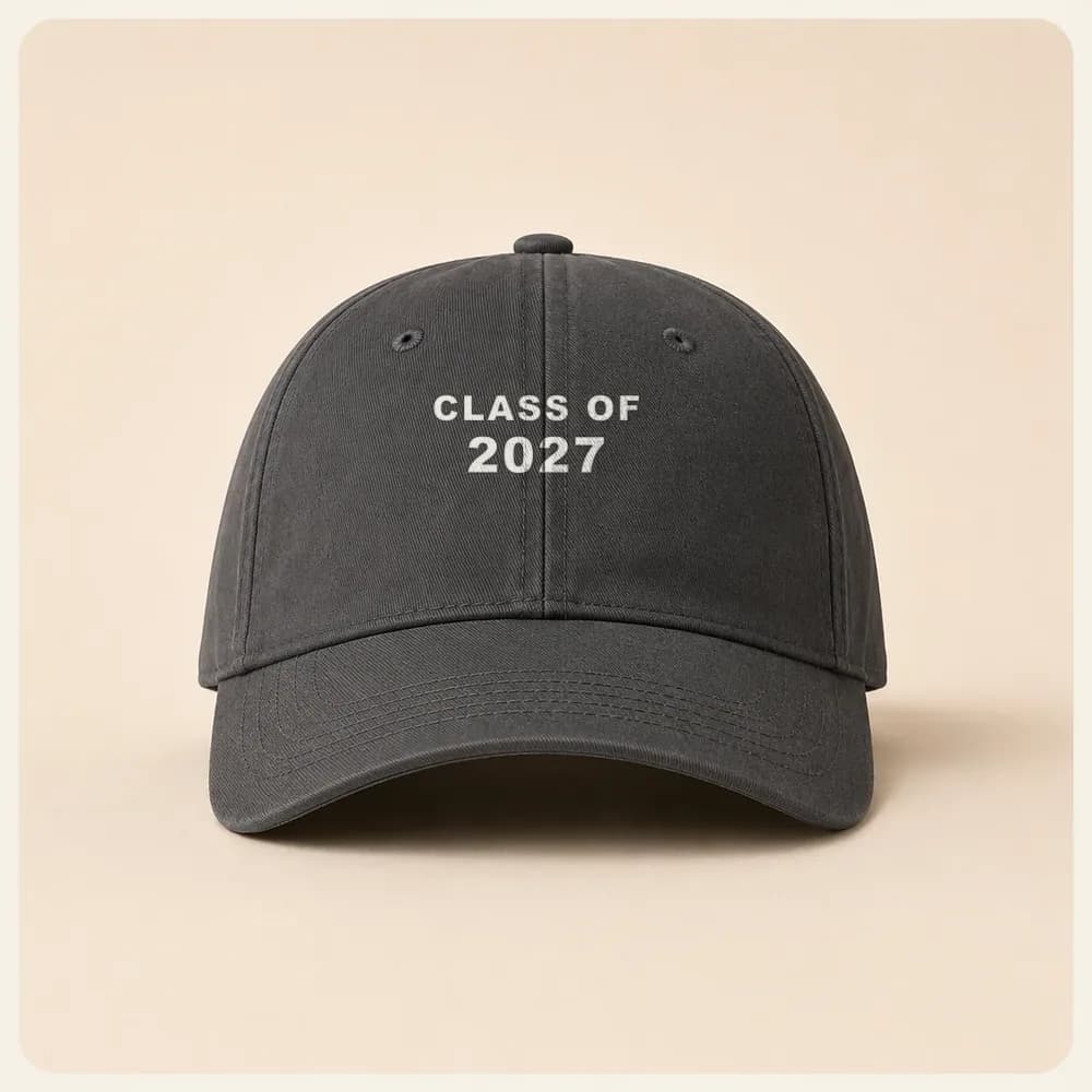 Sample design: Class of 2027 wordmark on a cap