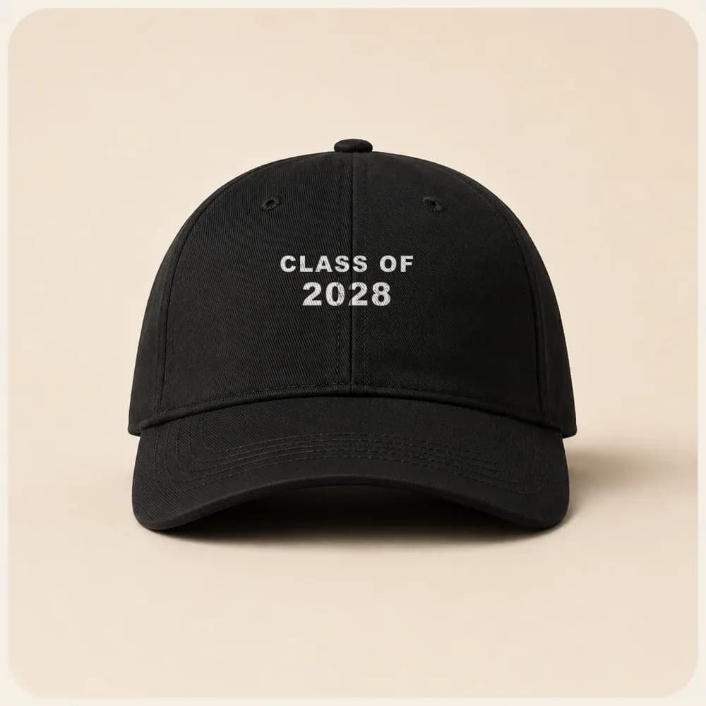 Sample design: Class of 2028 wordmark on a cap