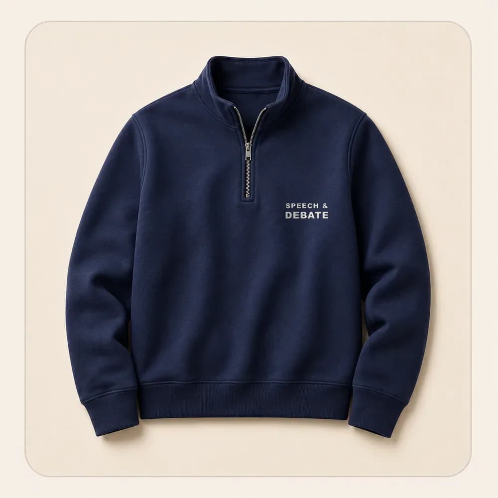 Sample design: Speech and debate wordmark on a quarter-zip