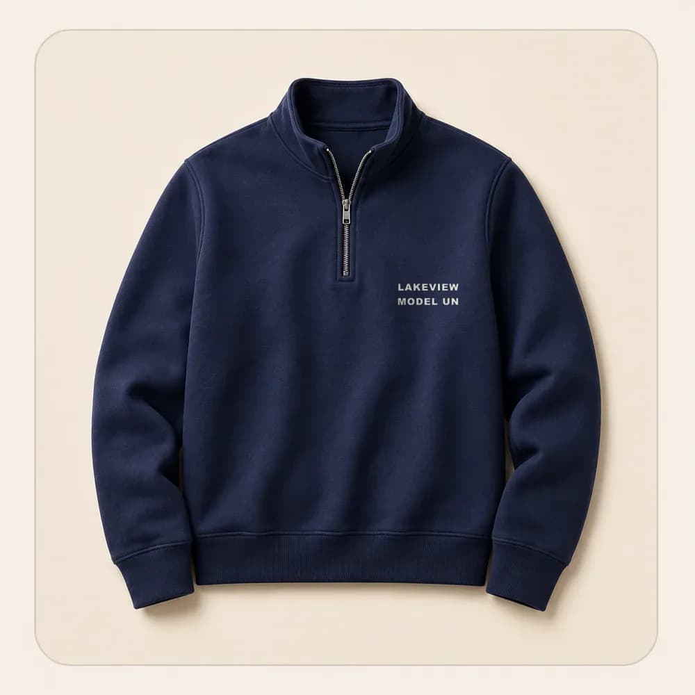 Sample design: Lakeview Model UN wordmark on a quarter-zip