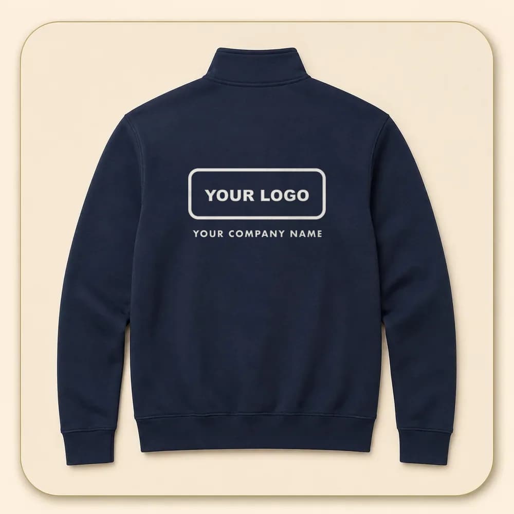 Sample design: Your logo, back on a navy quarter-zip