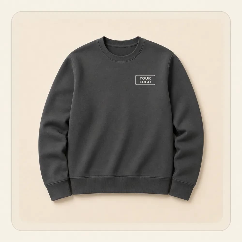 Sample design: Your logo, left chest on a charcoal crewneck sweatshirt