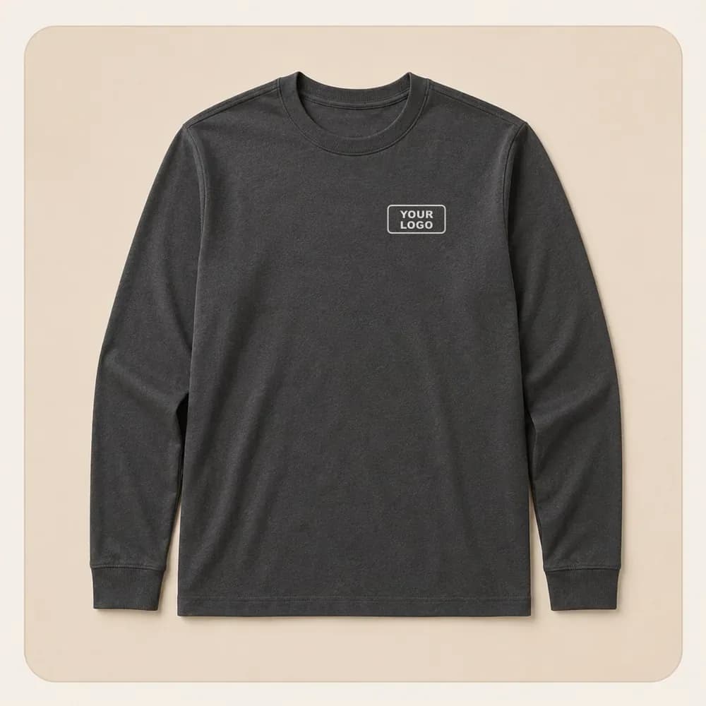 Sample design: Your logo, left chest on a charcoal long-sleeve tee