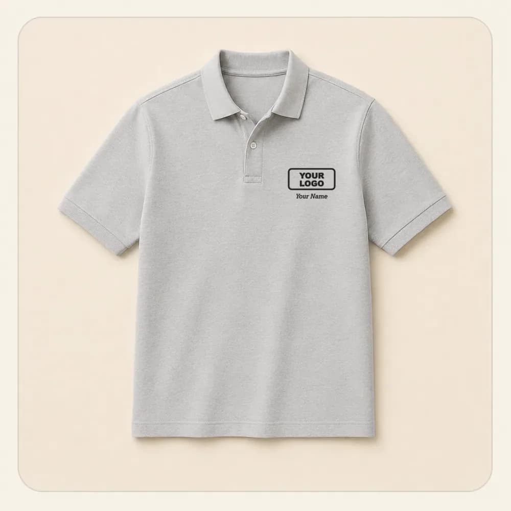 Sample design: Name under logo on a light gray polo shirt