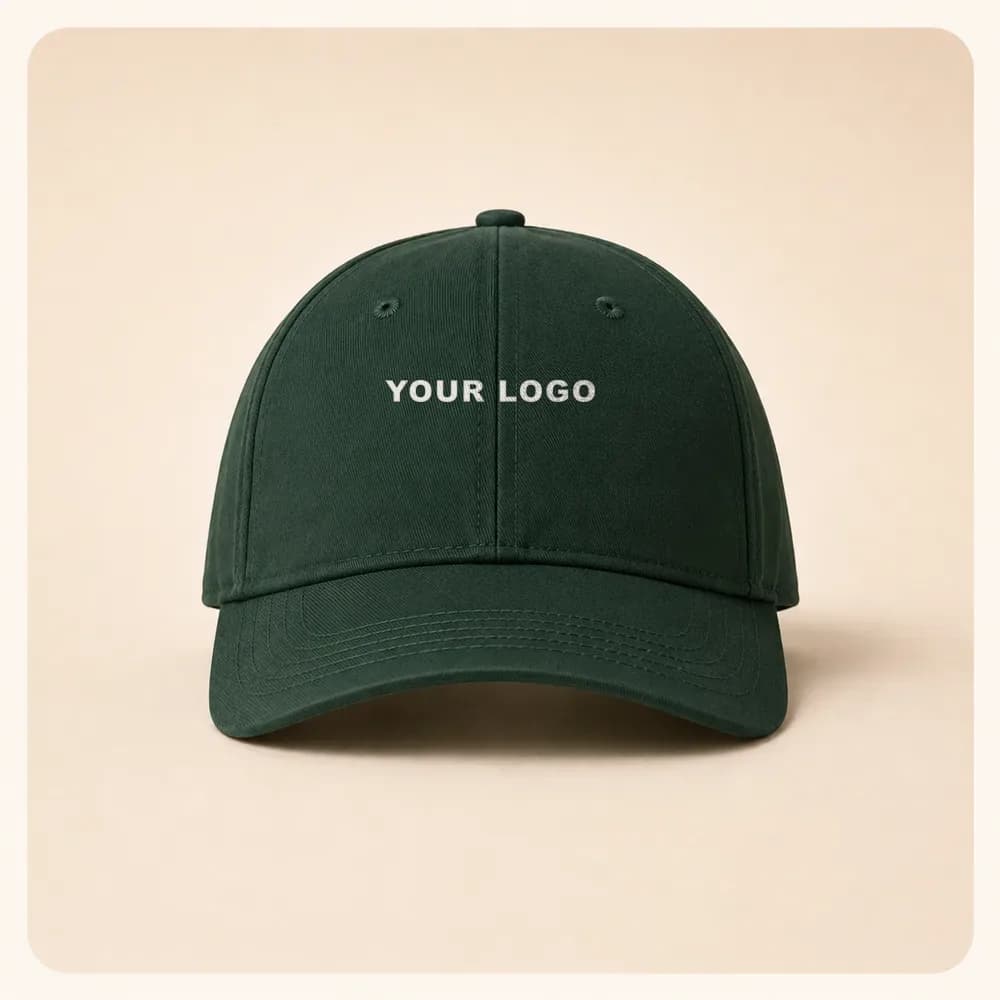 Sample design: One-line wordmark on a forest green cap