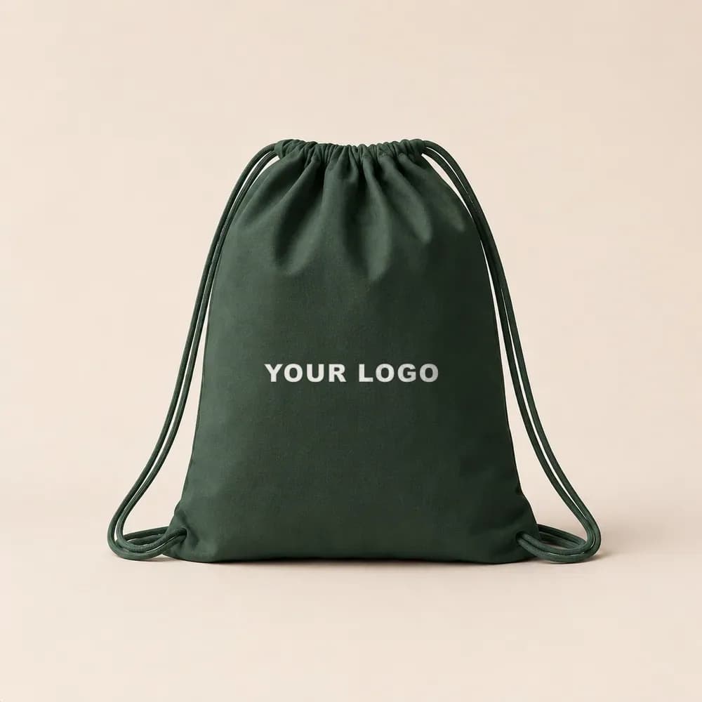 Sample design: One-line wordmark on a forest green drawstring bag