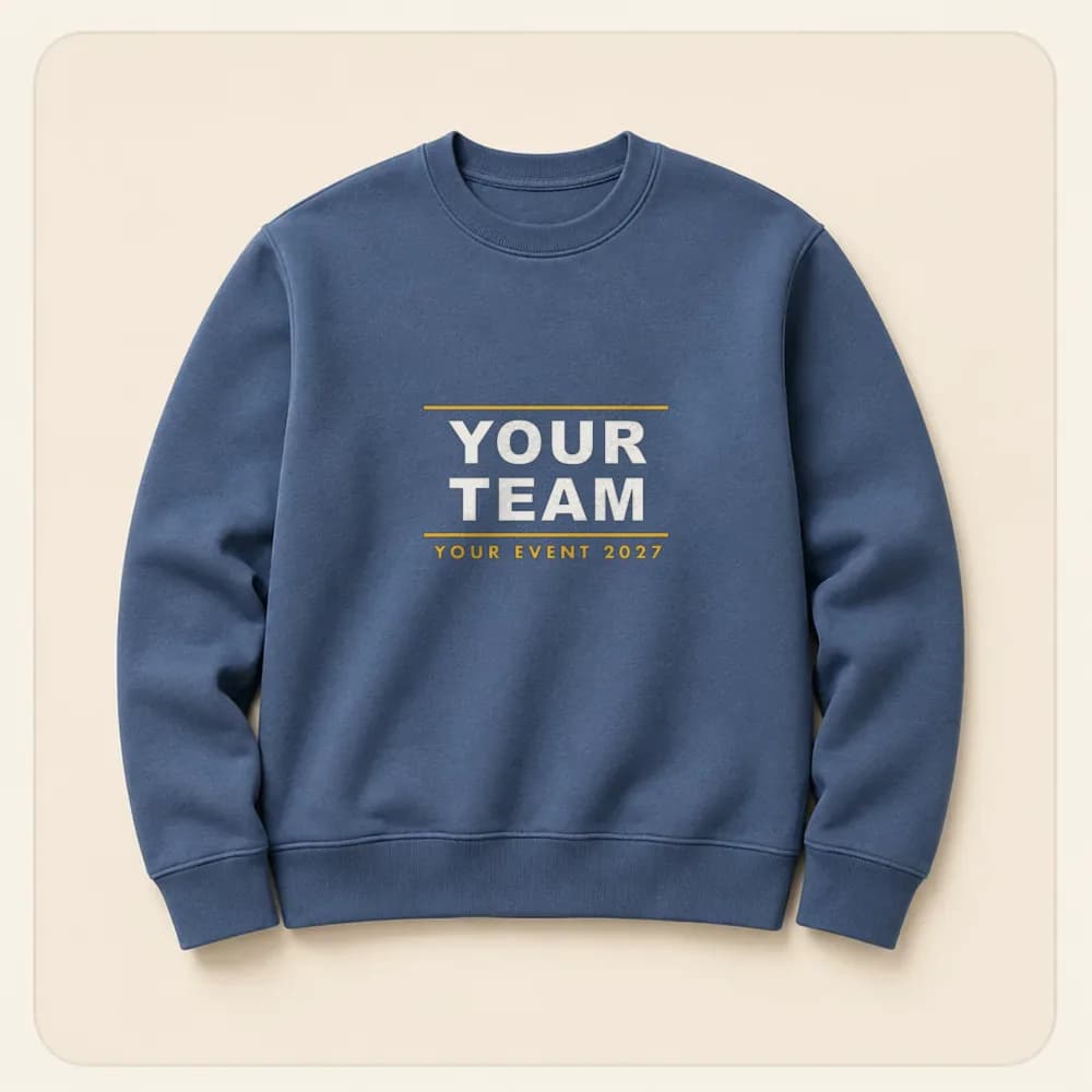 Sample design: Your Team event crewneck on a blue crewneck sweatshirt