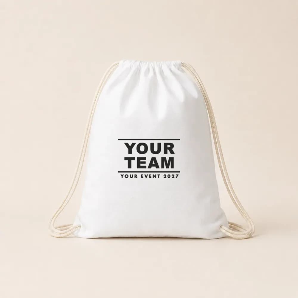 Sample design: Your Team event bag on a white drawstring bag