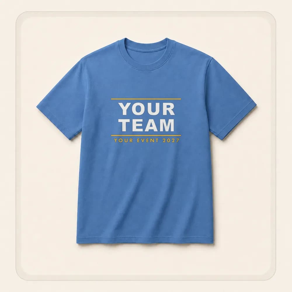 Sample design: Your Team event tee on a blue t-shirt