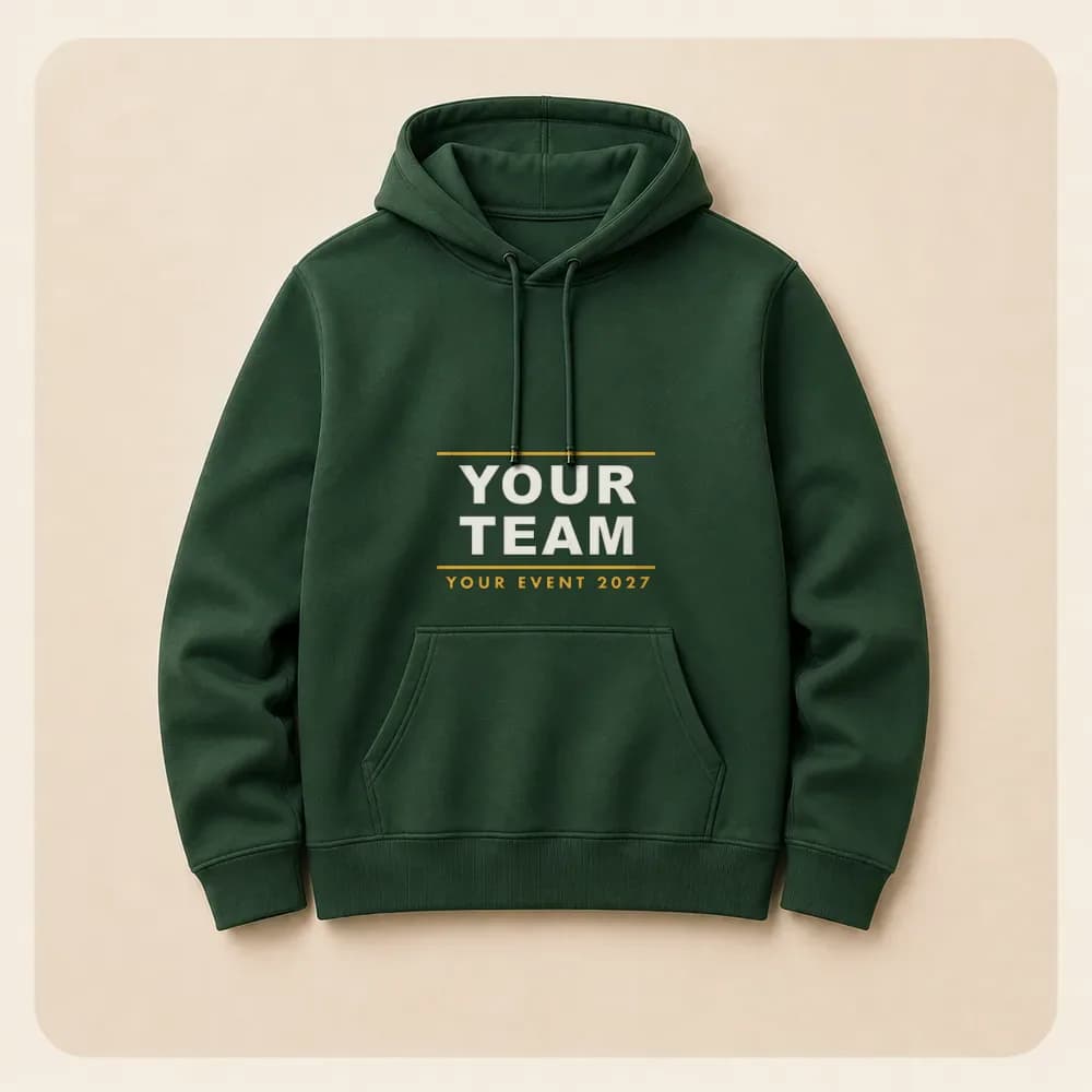 Sample design: Your Team event hoodie on a forest green hoodie