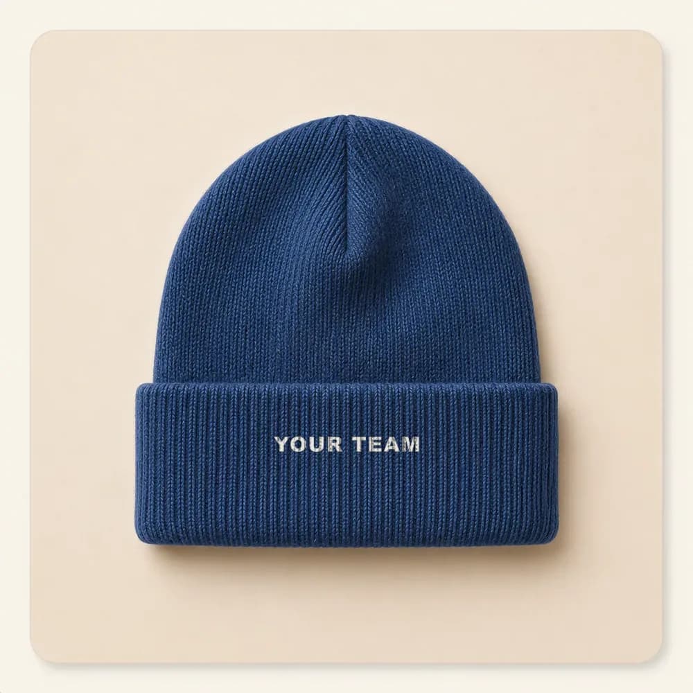 Sample design: Your Team wordmark on a navy beanie