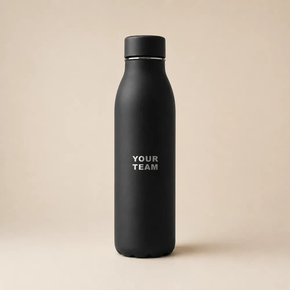 Sample design: Your Team wordmark on a black water bottle