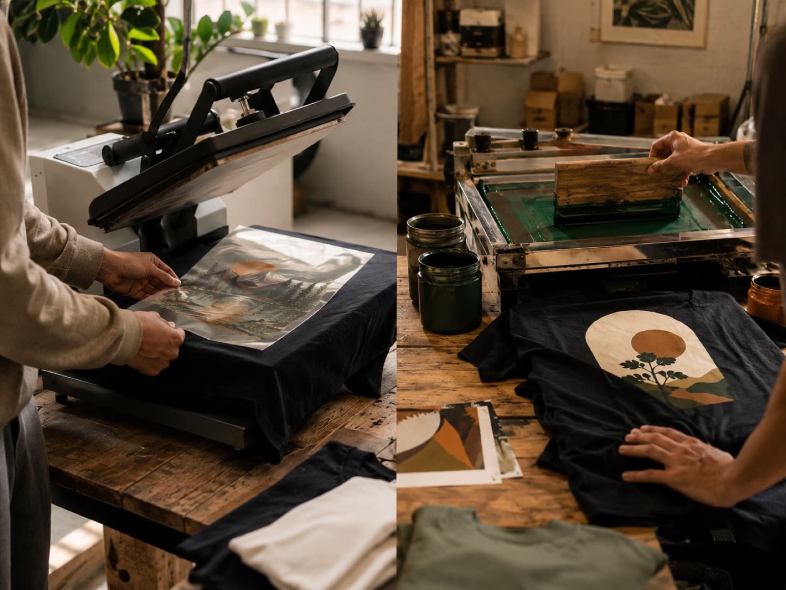 Custom t-shirts decorated by DTF transfer and screen printing side by side