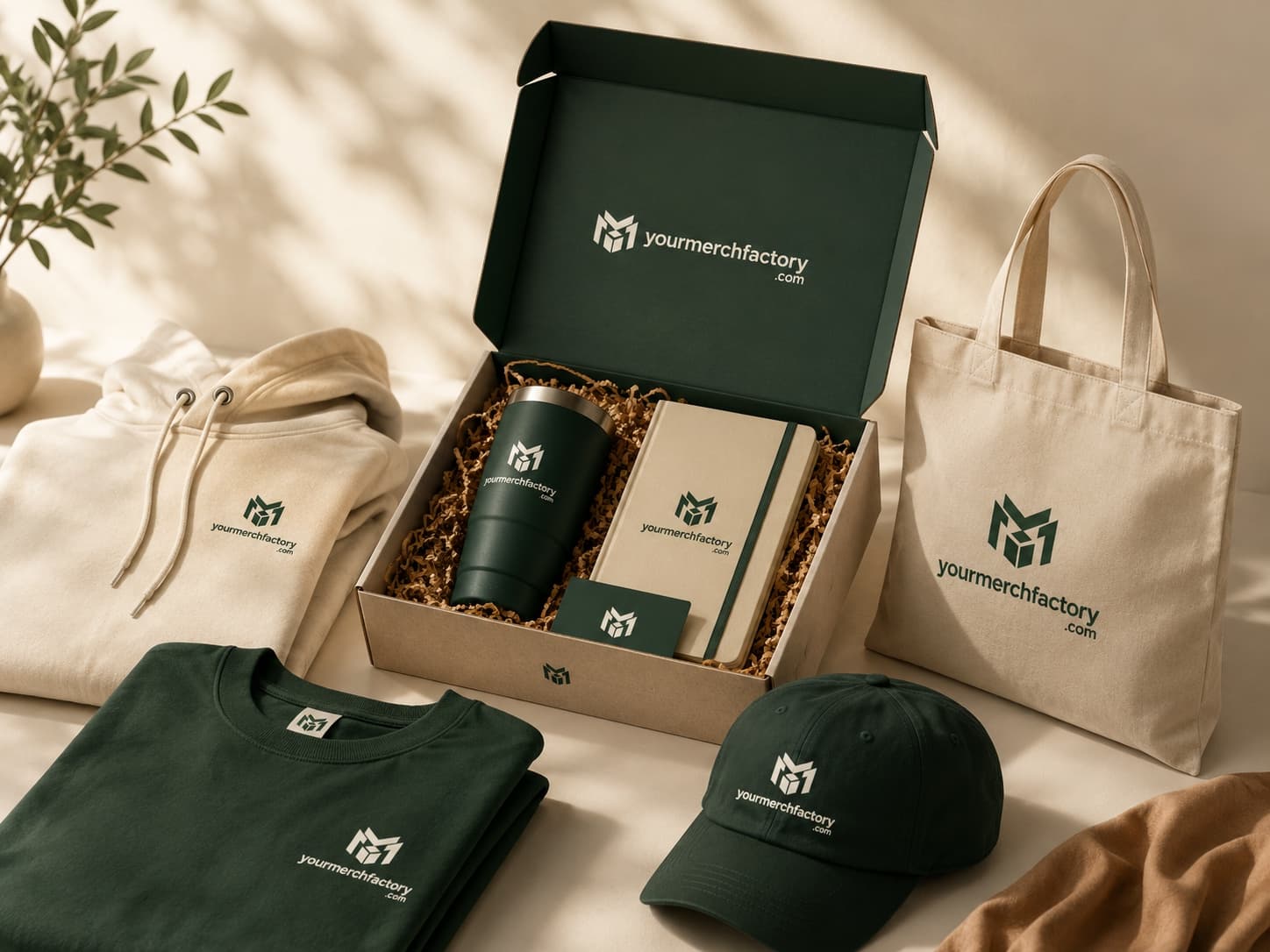 A styled flat-lay of premium custom merch — hoodie, tote, tumbler, gift box, cap, notebook, and pen — on a warm neutral surface