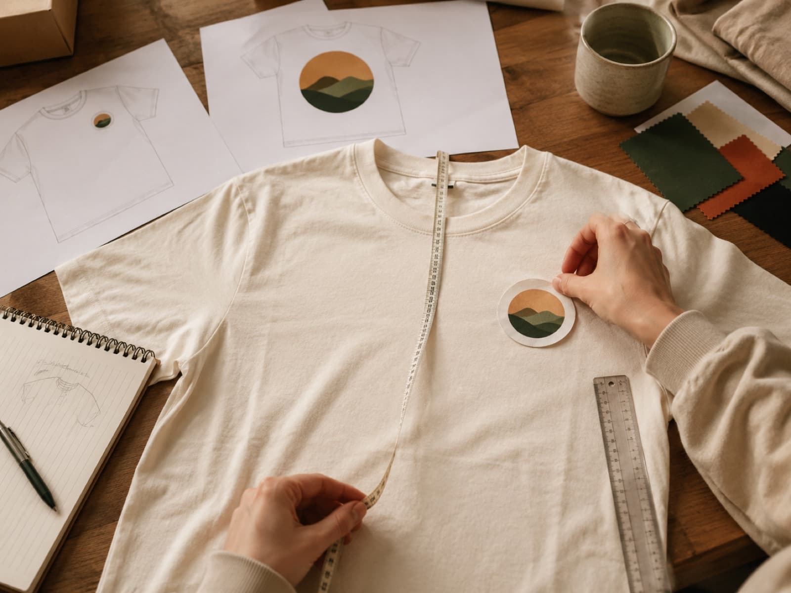 Custom t-shirt logo placement guide showing left chest and full front print sizes