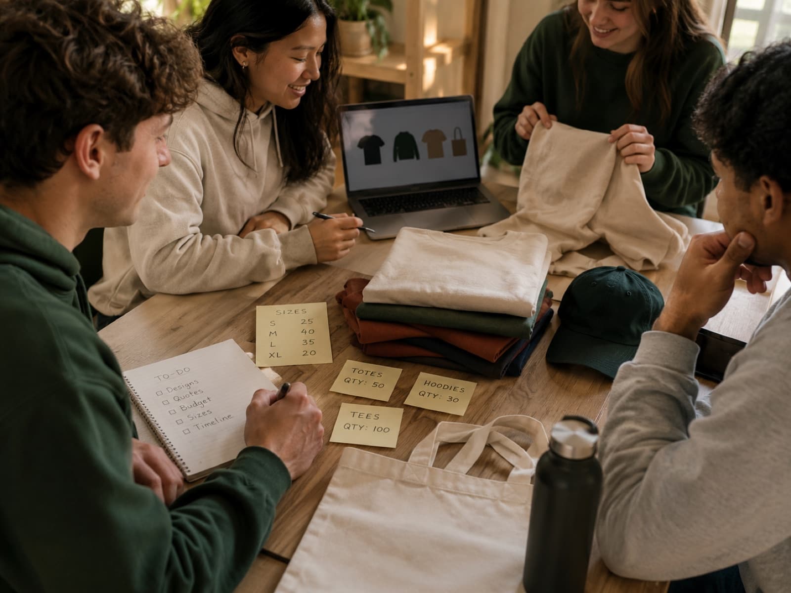 A student organization's custom club hoodies and tote bags laid out before an event