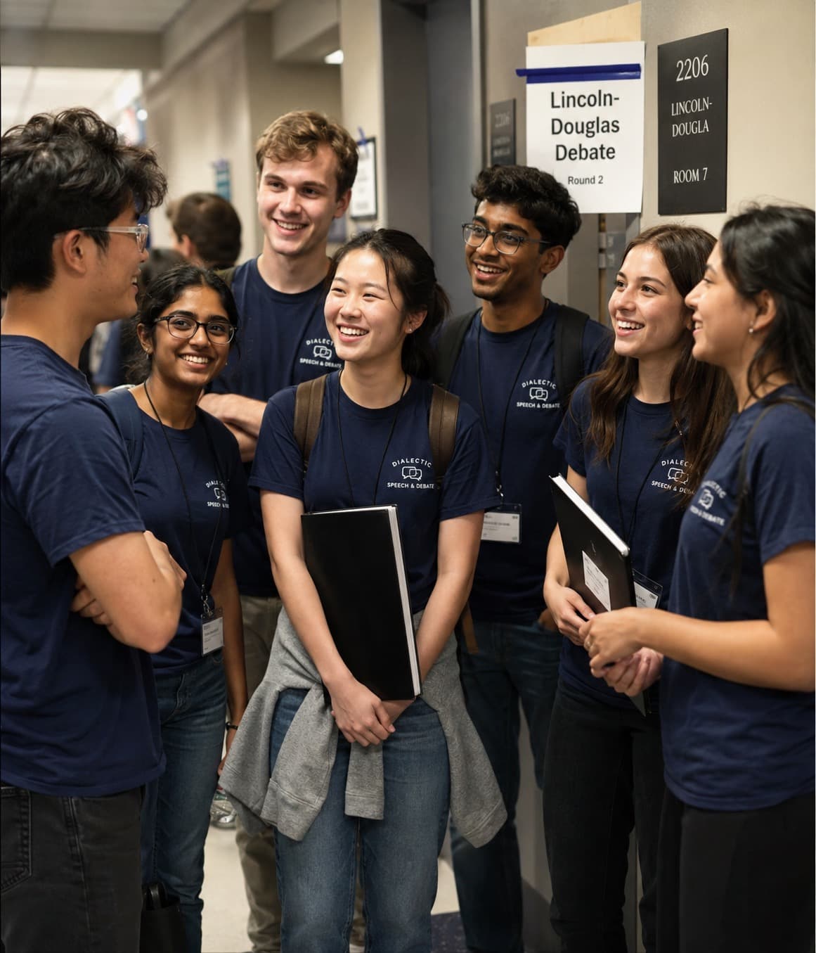 A speech and debate squad in matching custom shirts at a tournament