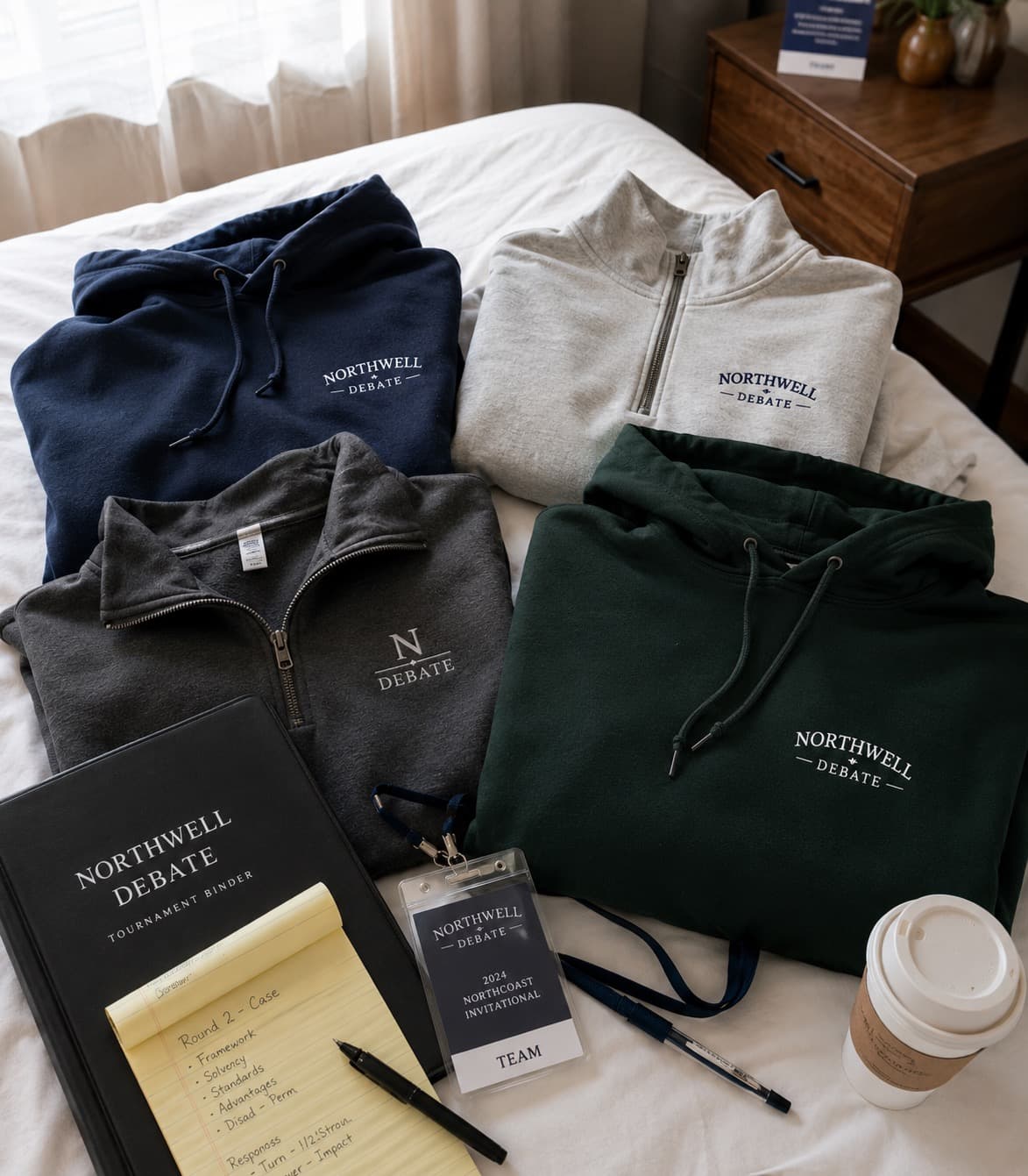 Custom debate hoodies and quarter-zips laid out before a tournament