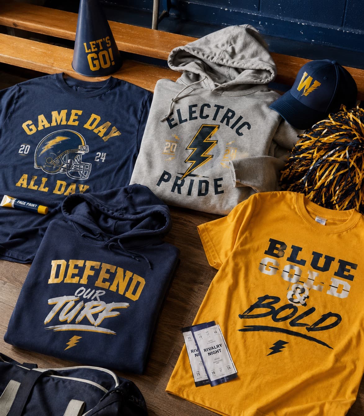 Custom spirit-wear shirts and hoodies laid out before a game-day theme night