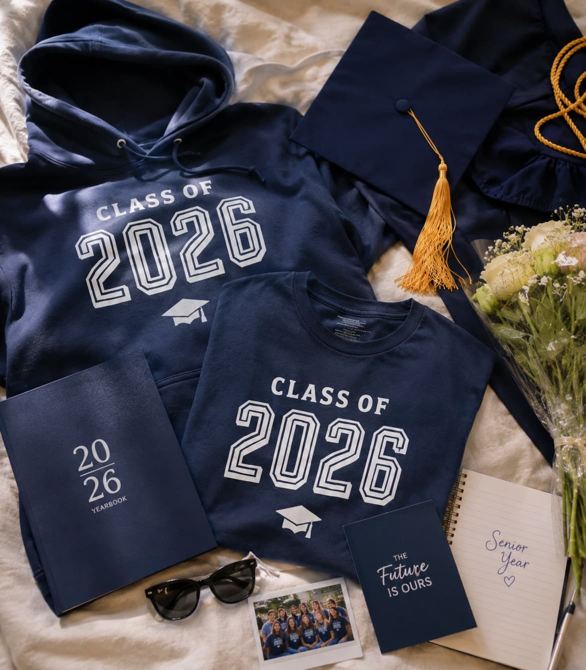 Custom Class of 2026 senior hoodies and grad keepsakes laid out