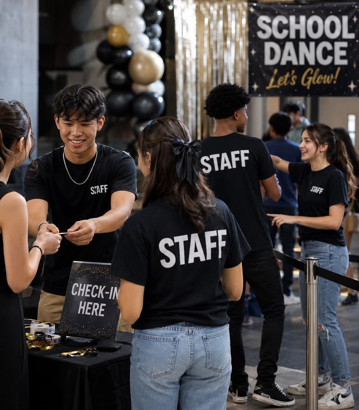Student council members in matching staff tees running a school event