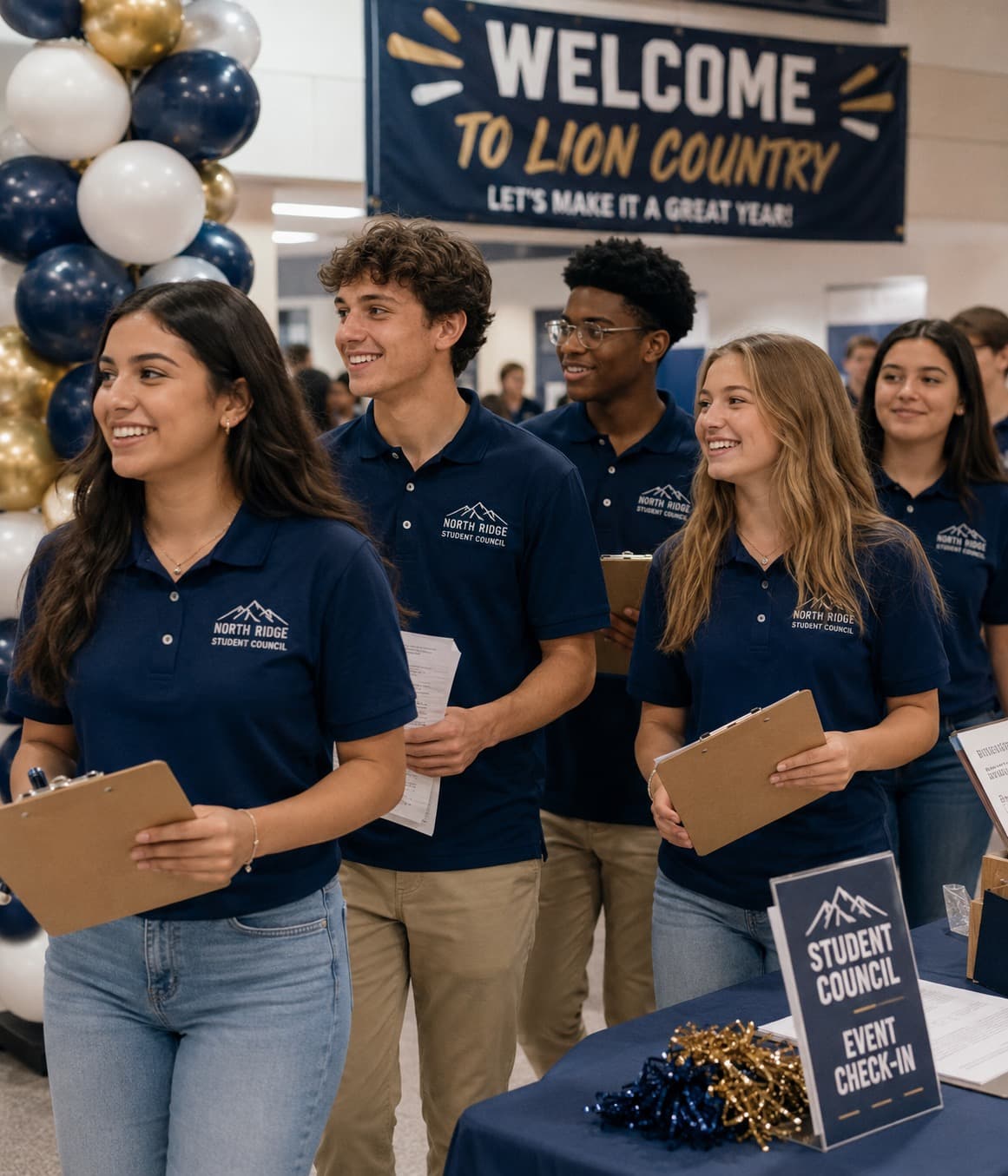 Student council officers in matching custom polos and tees at a school event