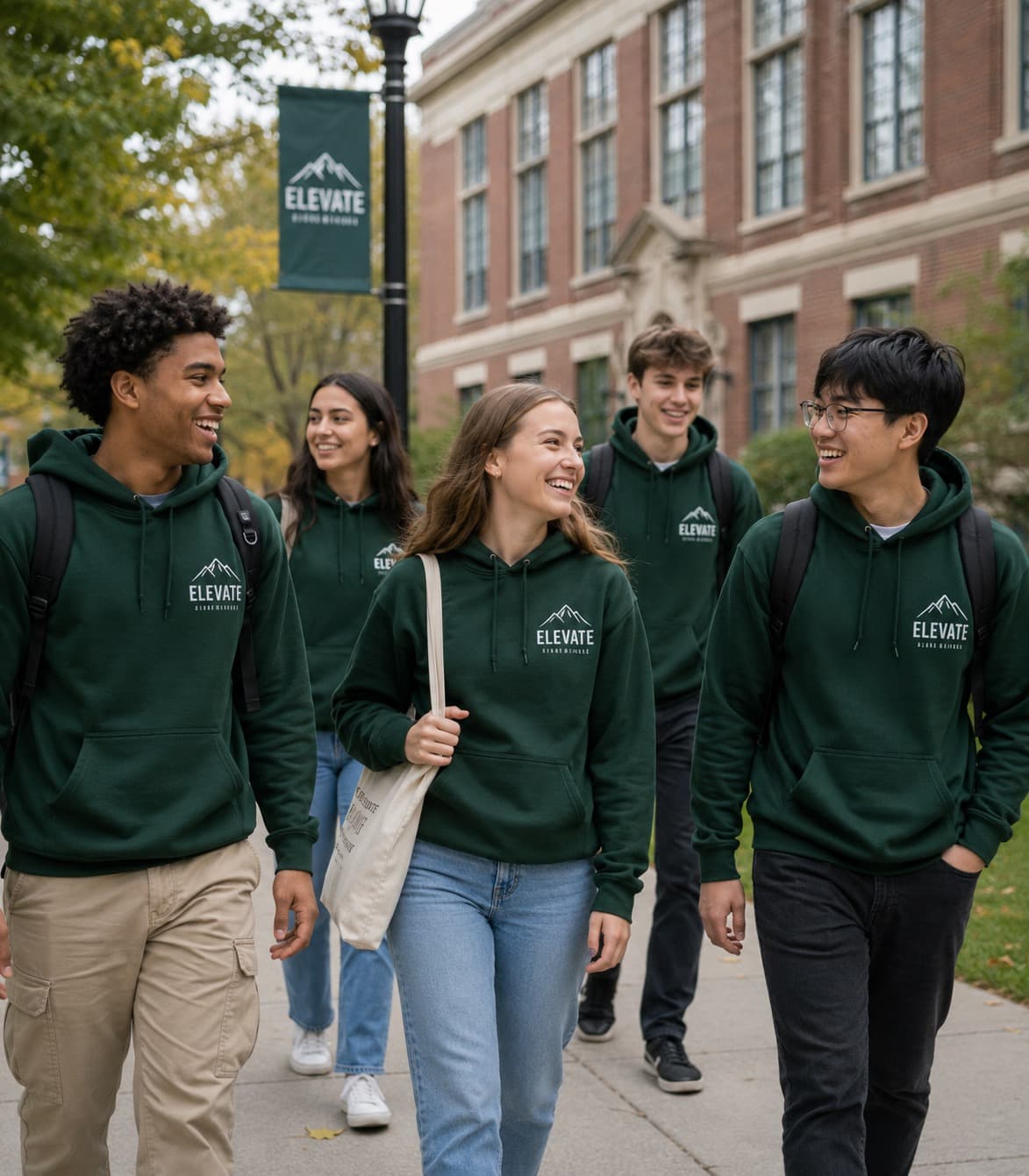 Student organization members in matching custom hoodies on campus